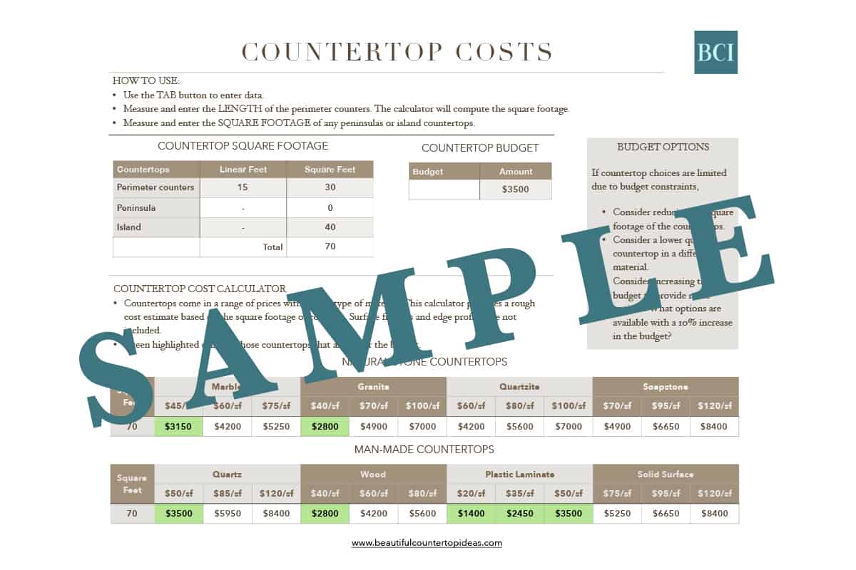 Sample image of Countertop Costs Calculator spreadsheet. 