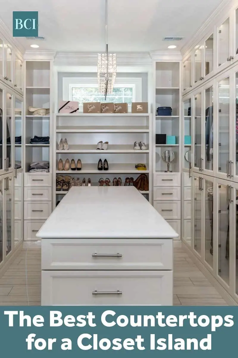 Photo collage of dressing room white cabinets and a closet island with a white countertop. 