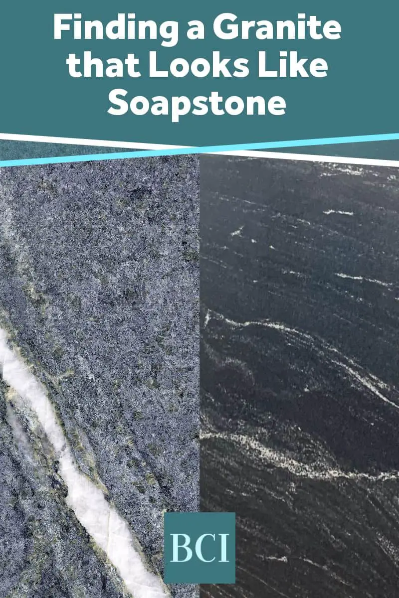 Photo collage of a granite that looks like soapstone. A great choice for kitchen and bath countertops. 