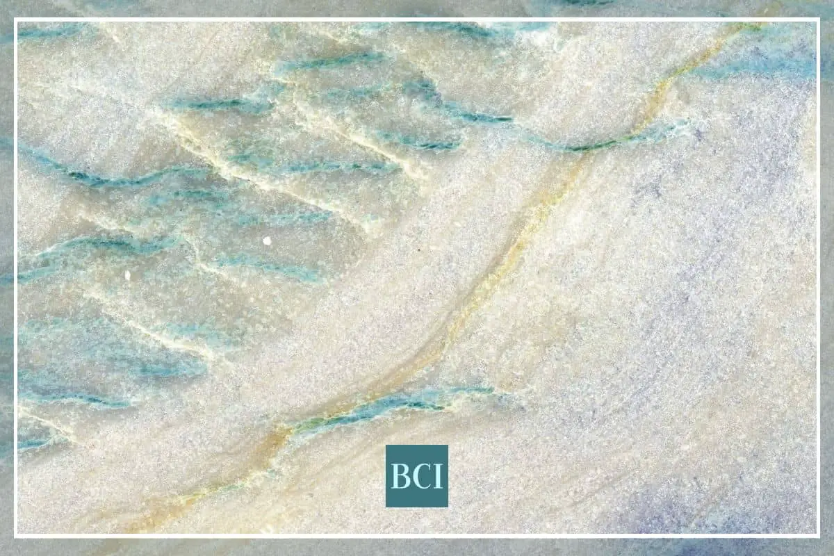 Photo of blue, green, and cream colored quartzite countertop