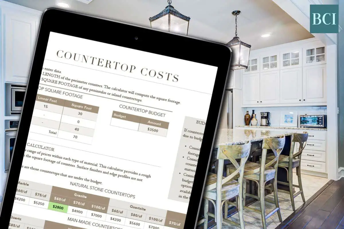 Photo collage of countertop costs calculator on iPad